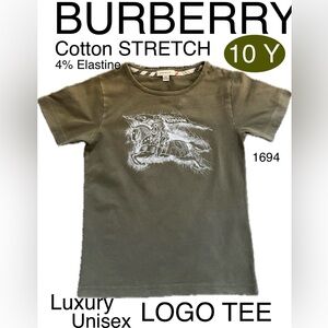 BURBERRY Luxury LOGO Cotton Stretch TEE🔥4% Elastine/ARMY Green/White🔥EUC🔥10 Y